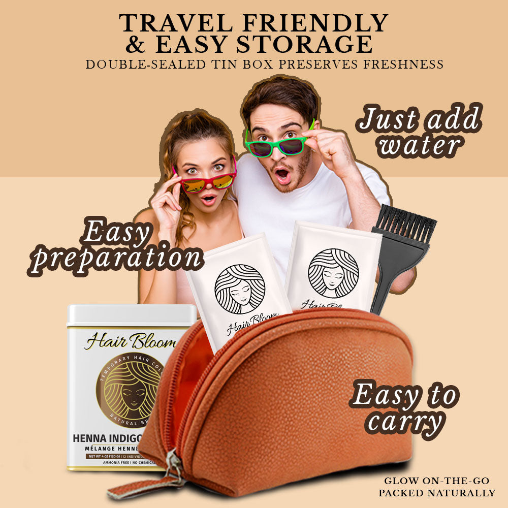 (Copy) Hair Bloom Natural Brunette Hair Color- Herbal Henna & Indigo Mix Hair Color Powder- 12 individual sachets (10 gm each)- Reusable Brush & Tray Included