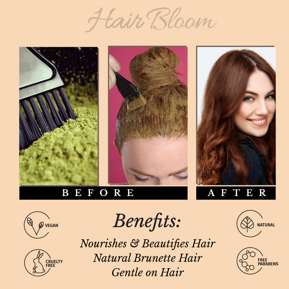 (Copy) Hair Bloom Natural Brunette Hair Color- Herbal Henna & Indigo Mix Hair Color Powder- 12 individual sachets (10 gm each)- Reusable Brush & Tray Included