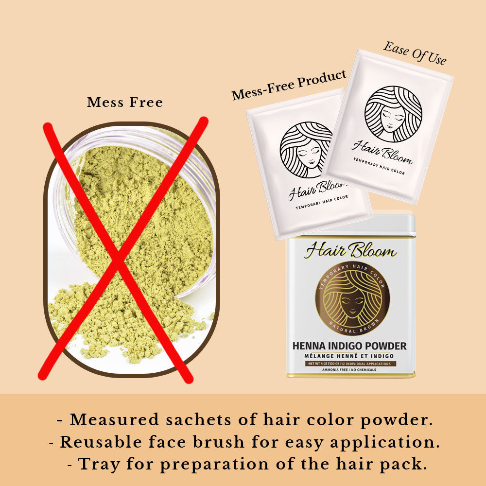 (Copy) Hair Bloom Natural Brunette Hair Color- Herbal Henna & Indigo Mix Hair Color Powder- 12 individual sachets (10 gm each)- Reusable Brush & Tray Included