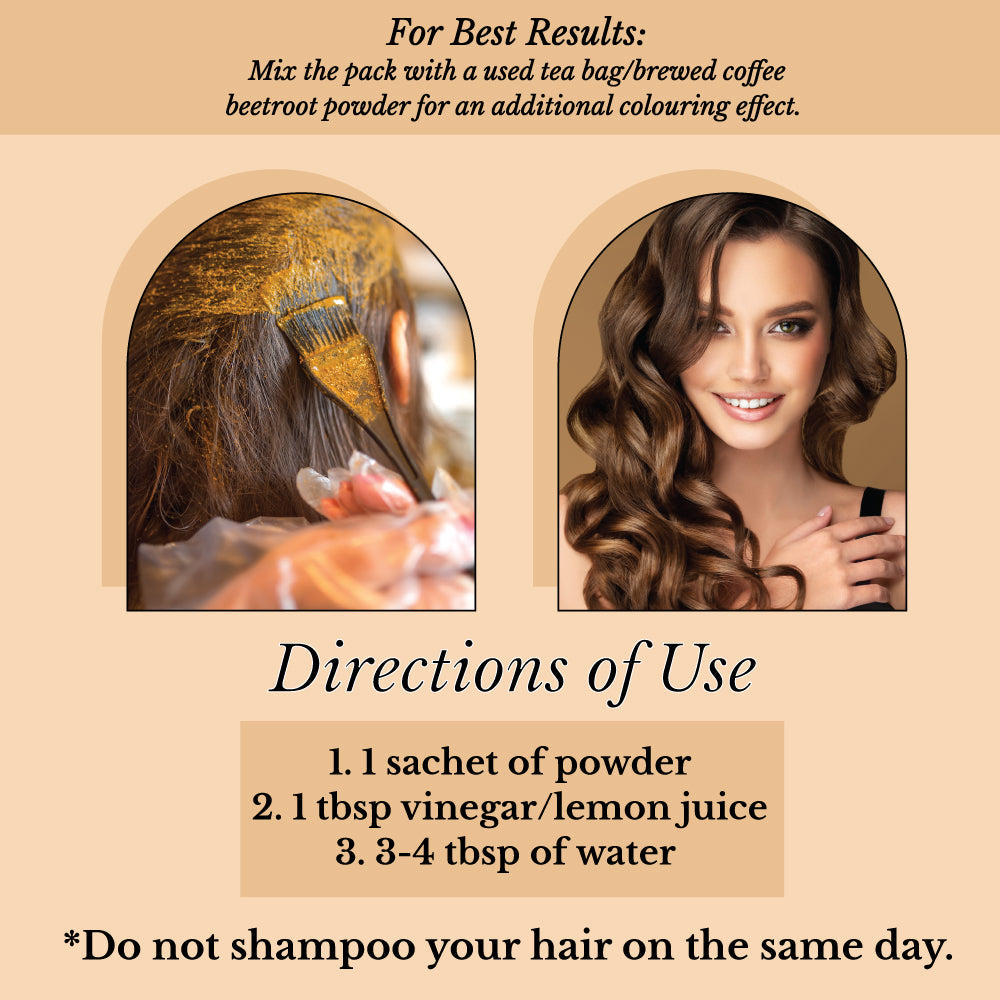 (Copy) Hair Bloom Natural Brunette Hair Color- Herbal Henna & Indigo Mix Hair Color Powder- 12 individual sachets (10 gm each)- Reusable Brush & Tray Included
